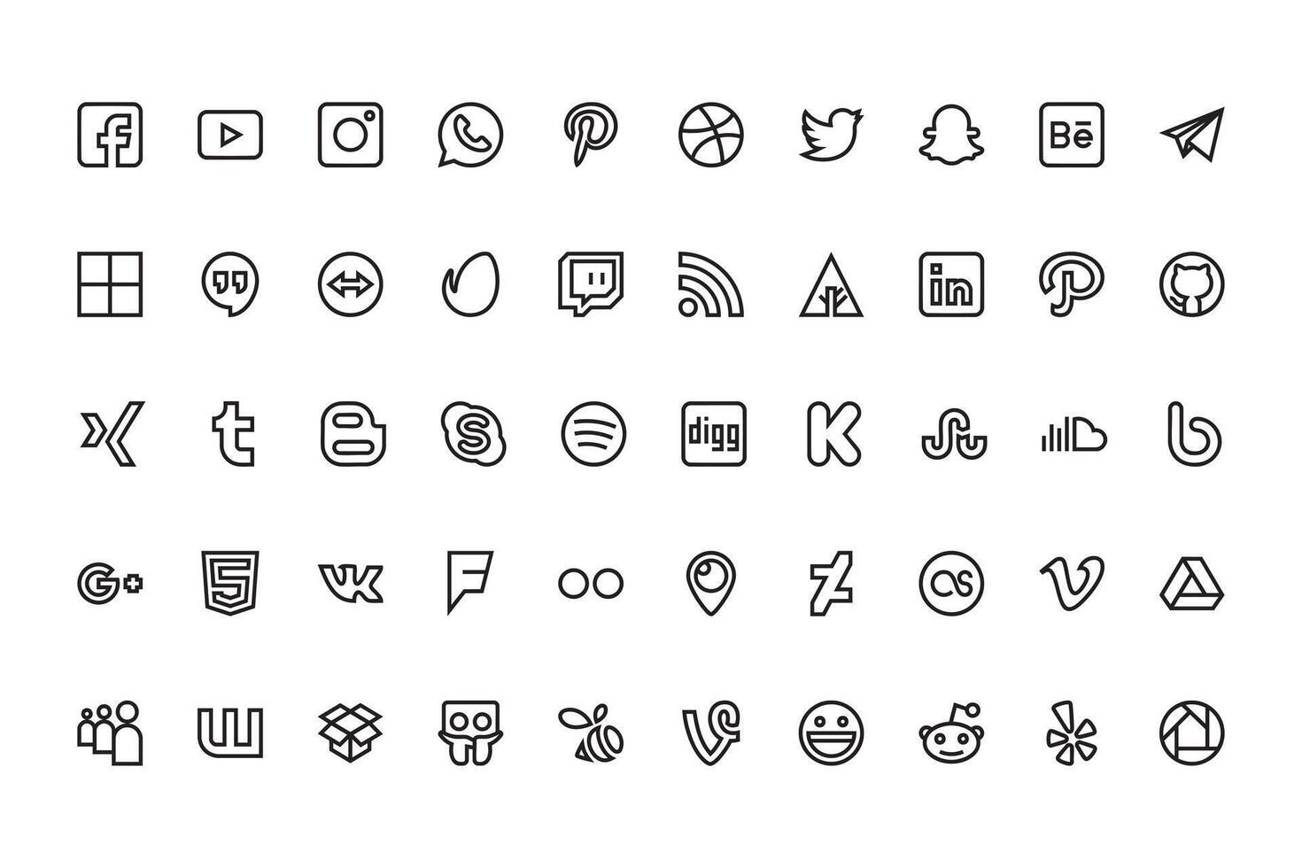 Black and White Social Media and Contact Icon Collection Facebook, Instagram, Twitter, Snapchat, LinkedIn, YouTube, Pinterest, Spotify, Location, Phone, Email, Website, vector