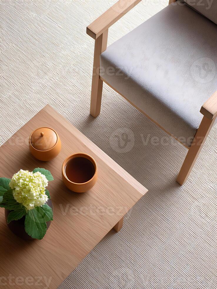 Cozy Japanese interior with wooden furniture photo