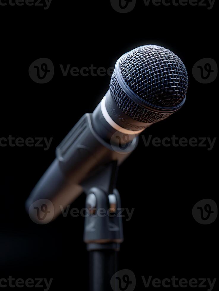 A microphone on stage with black background. photo