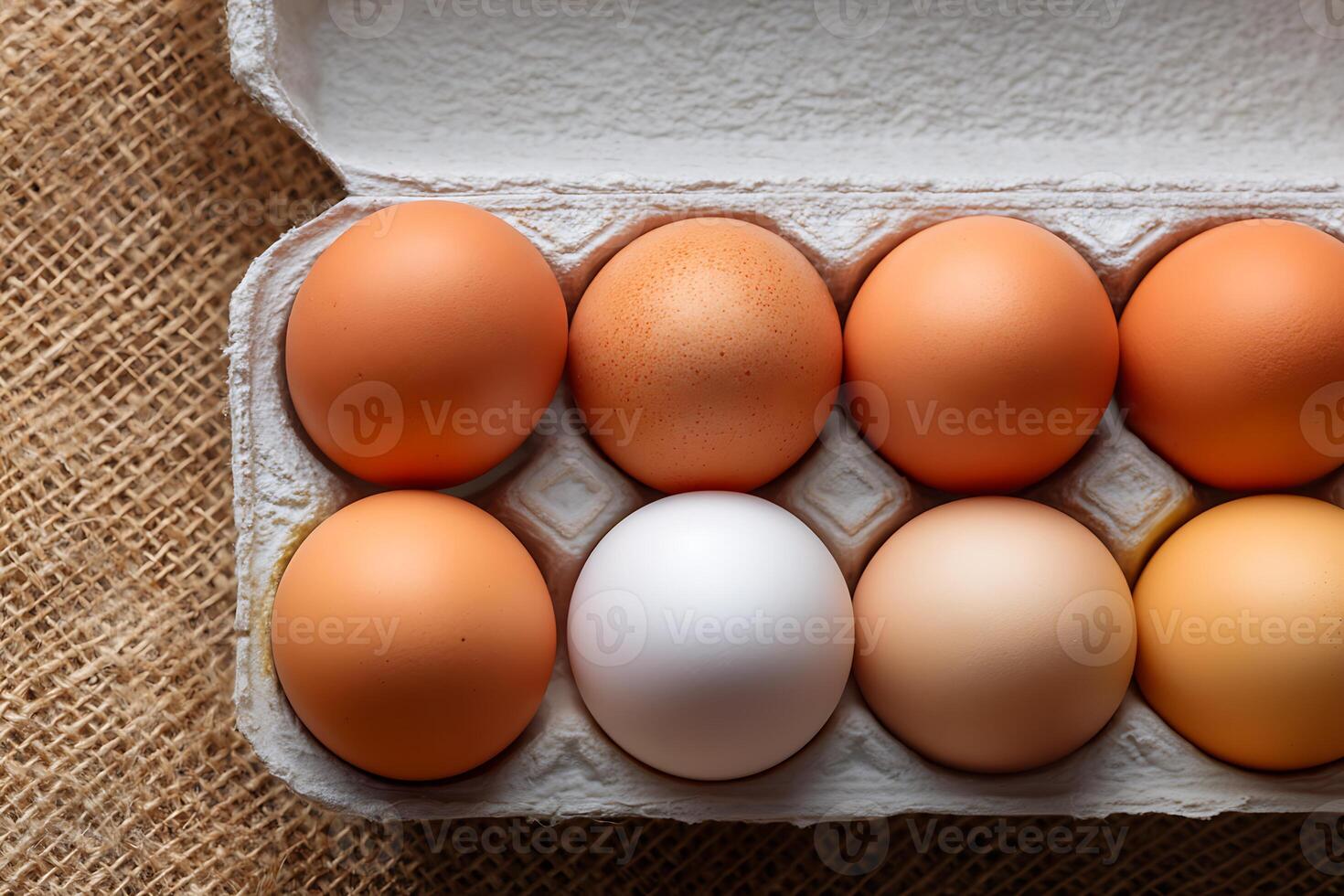 Organic chicken eggs background in paper box. photo