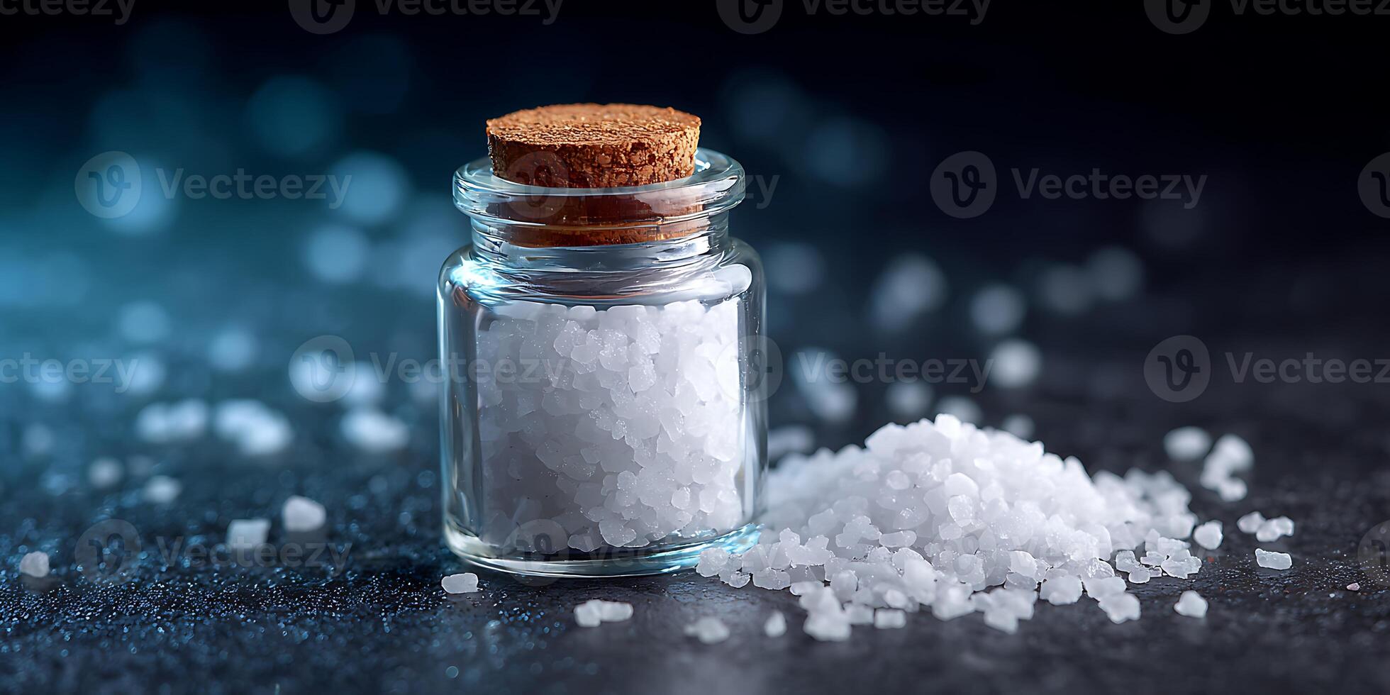 White sea salt in a glass bottle photo
