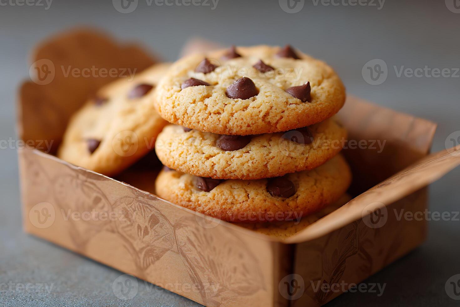 Chocolate chip cookies in paper box. photo