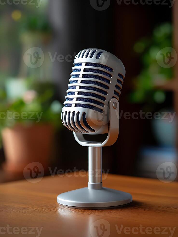 A retro silver microphone on table photo
