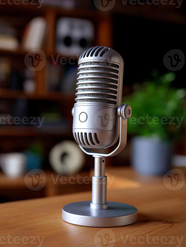 A retro silver microphone on table. photo