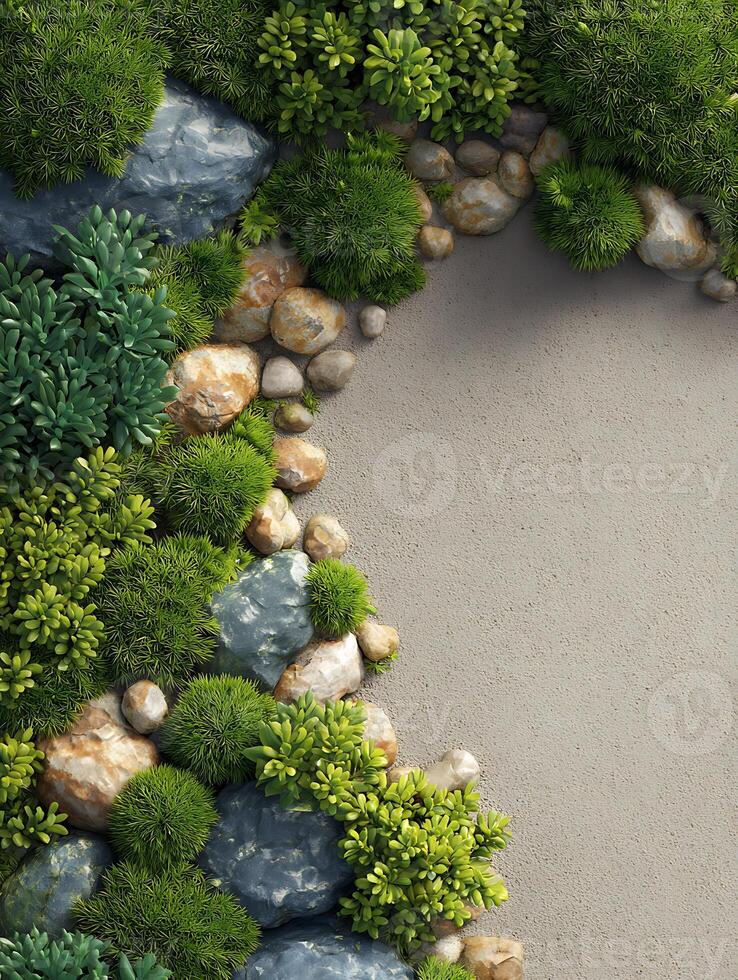 Traditional Japanese Zen Garden with Raked Sand. photo