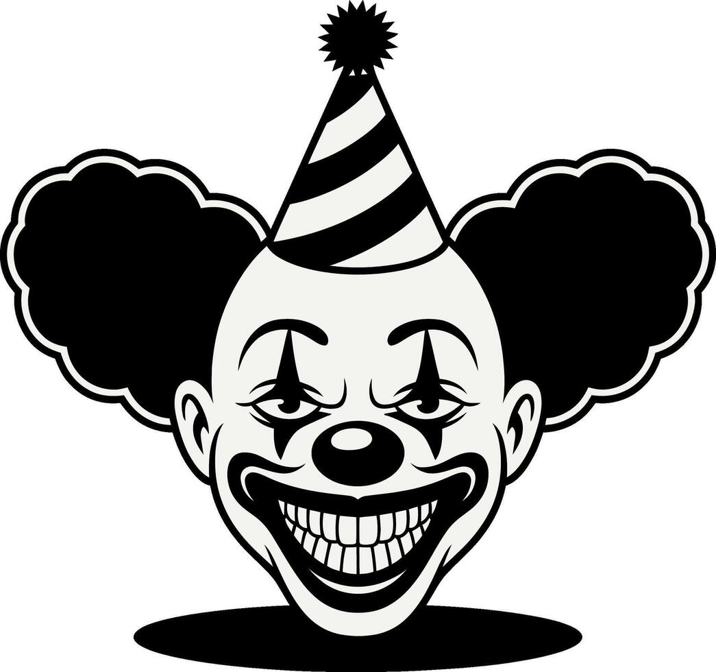 Creepy clown face with party hat silhouette and wide grinning mouth vector