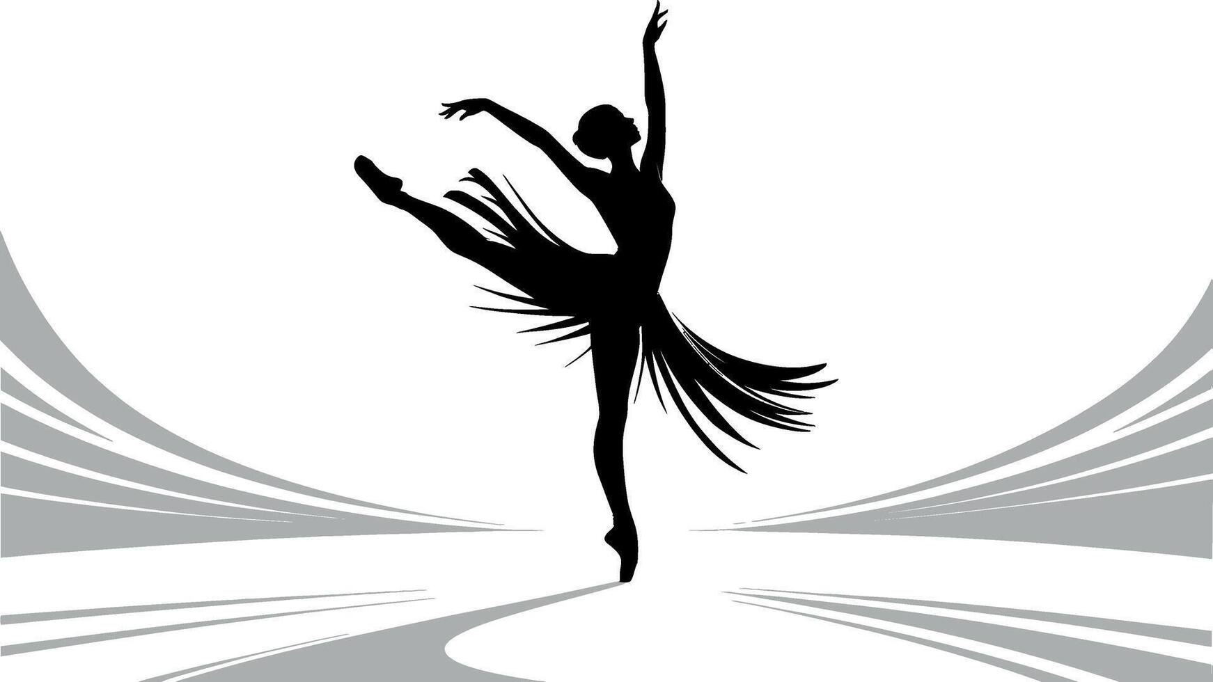 Elegant ballerina performing a graceful dance pose with flowing skirt and artistic background silhouette vector
