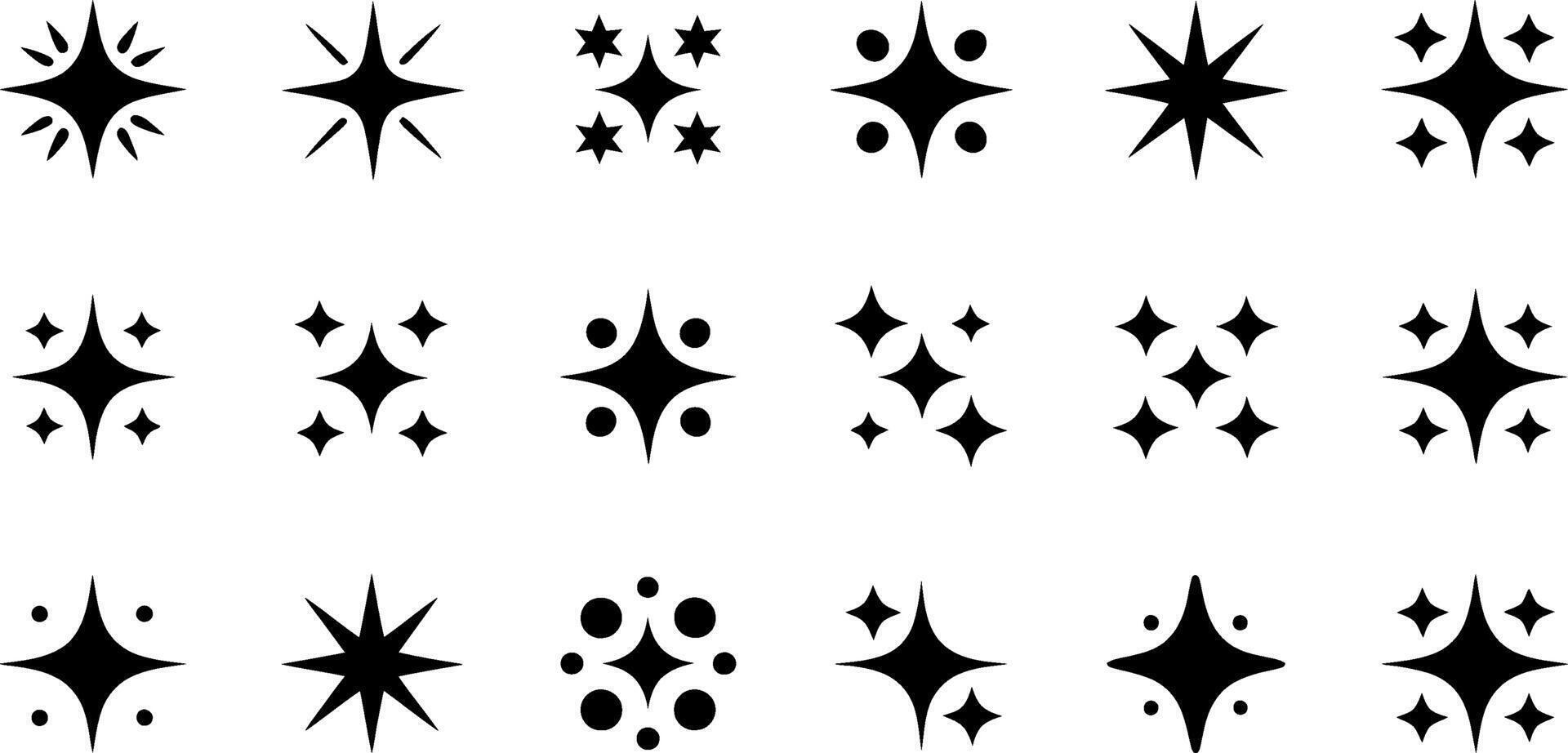 Collection of sparkle and starburst icons in a simple black silhouette style vector