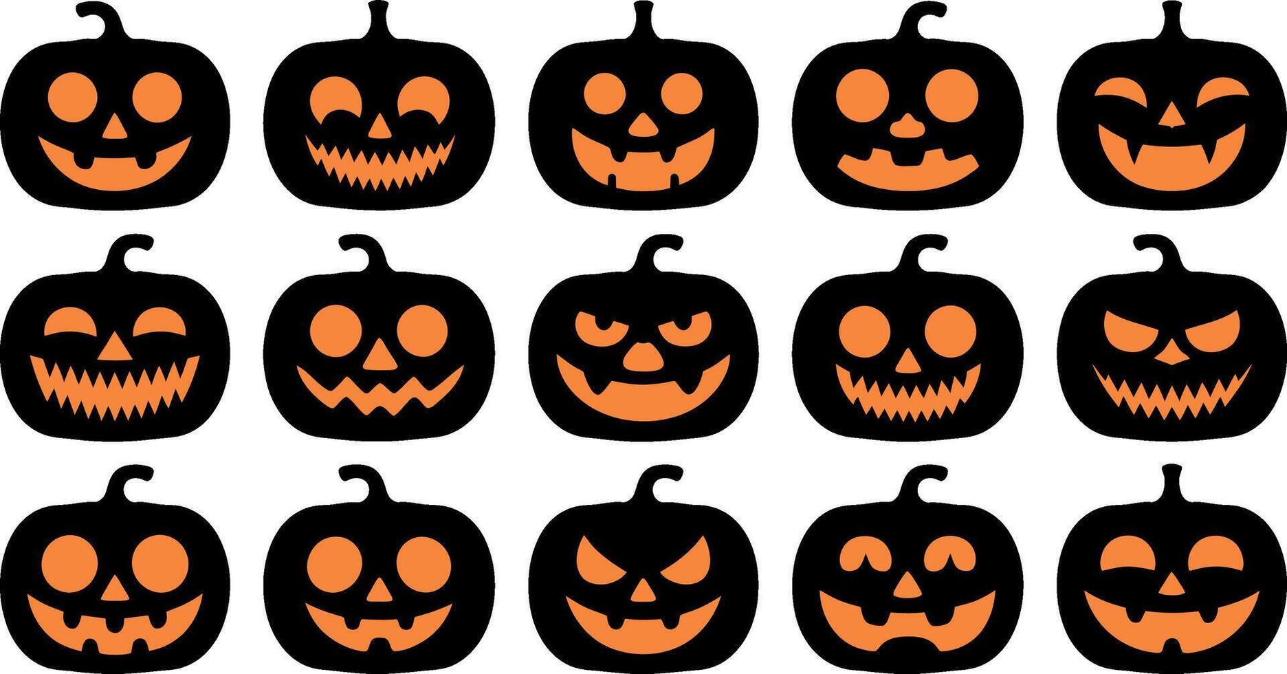 Collection of fifteen diverse black halloween pumpkin jack o lantern faces silhouette vector