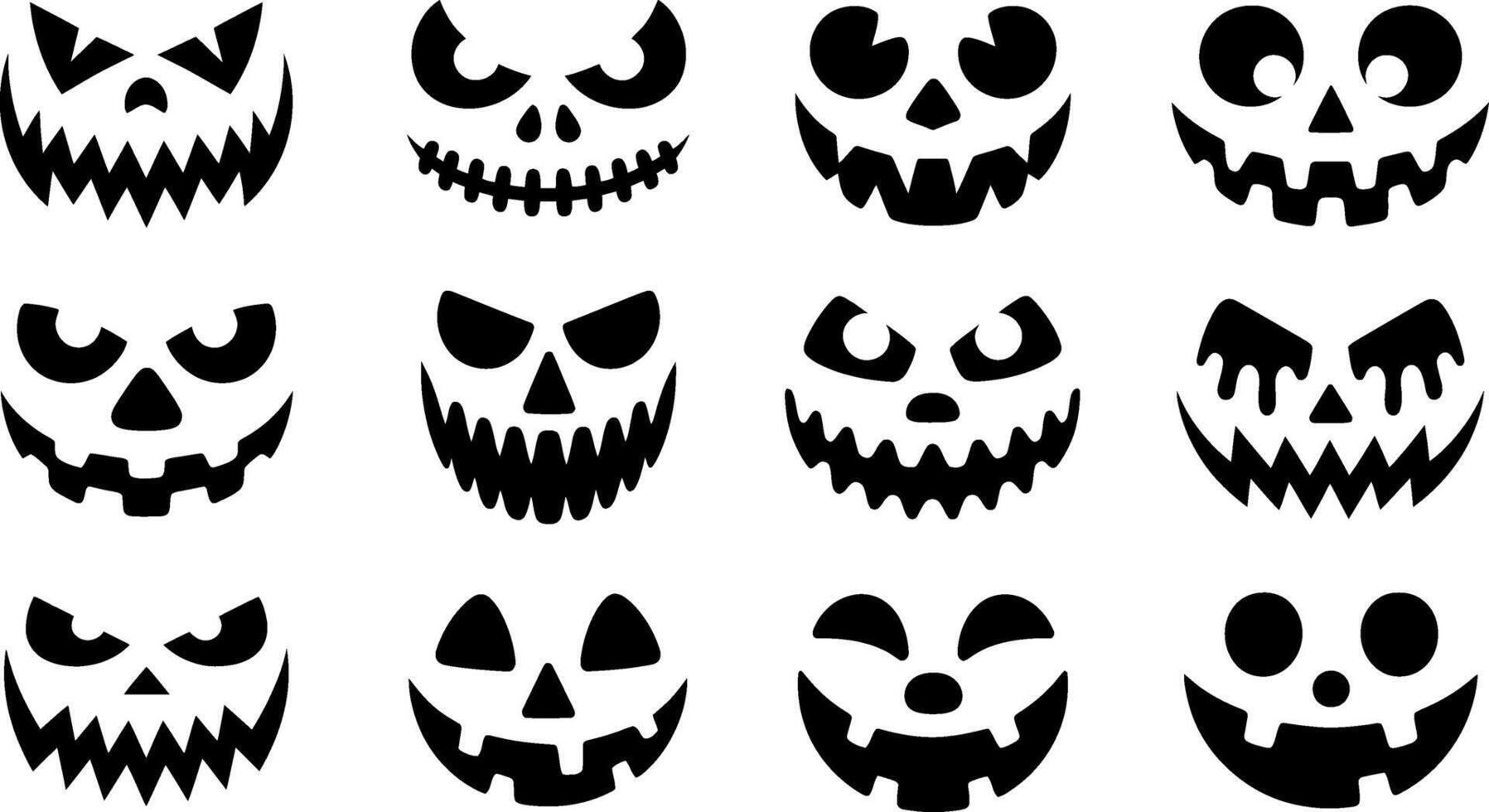 Collection of twelve spooky and happy halloween pumpkin face silhouettes vector