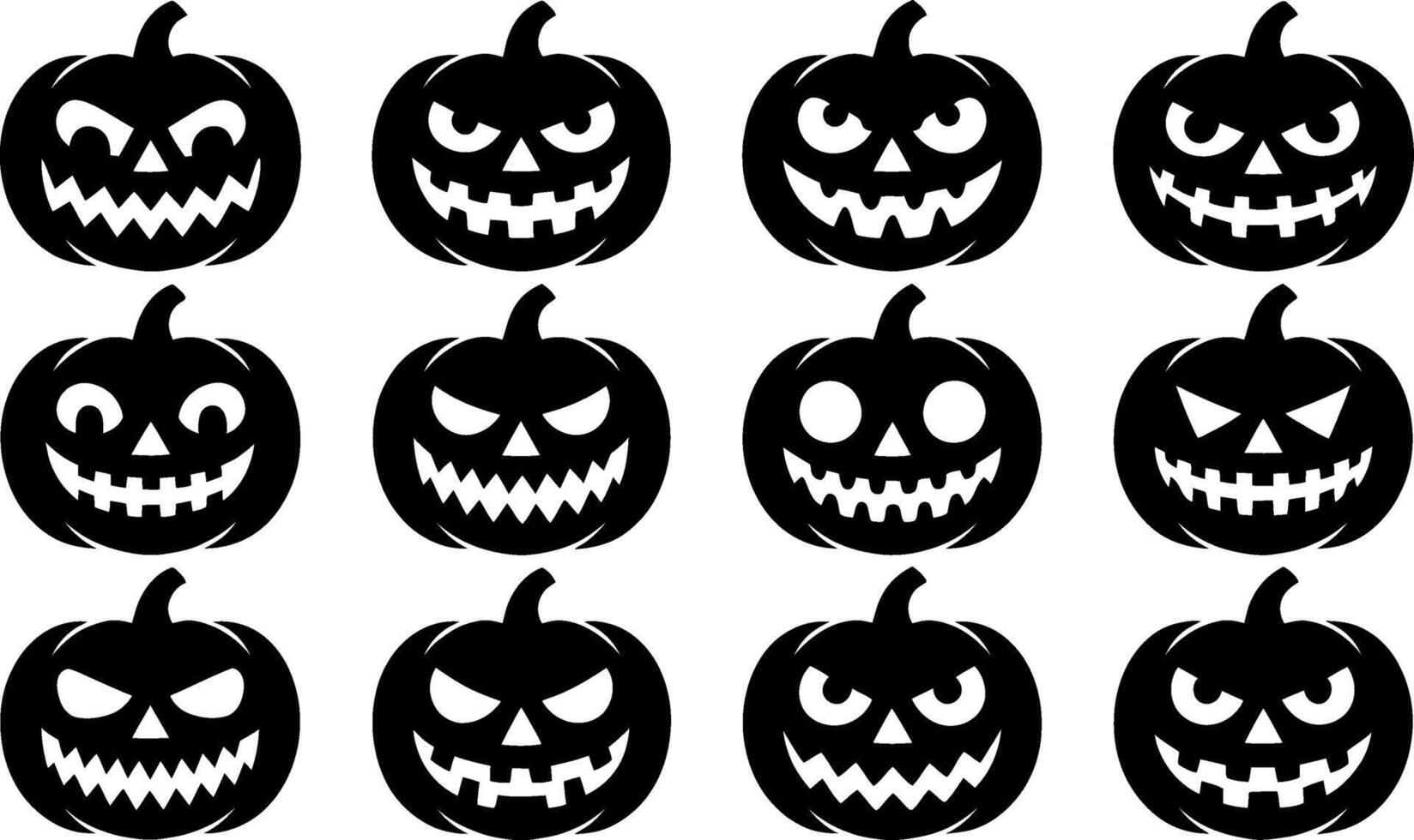 Collection of twelve distinct black halloween pumpkin jack o lantern faces silhouette vector
