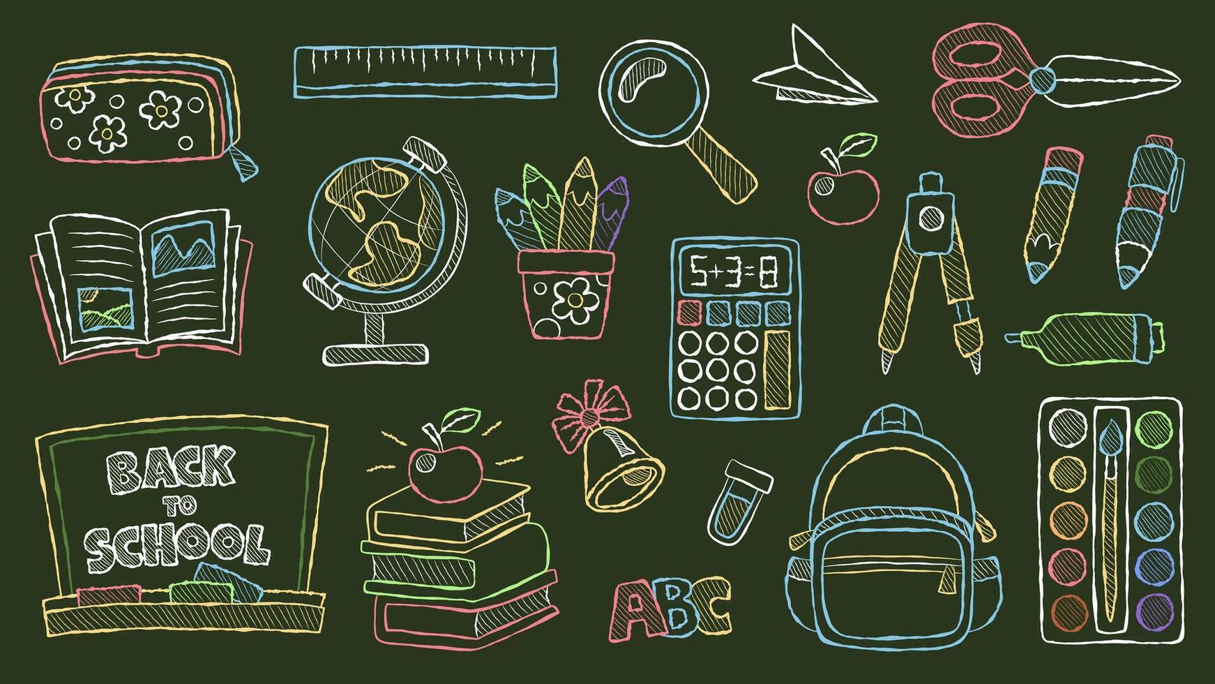Doodle hand drawn chalkboard back to school set with colorful stationery and school supplies. books, globe, backpack, scissors, pens, calculator, paints, bell, board, apple and teaching tools. vector