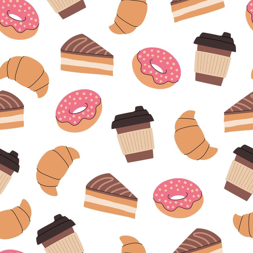 Pattern of desserts and coffee cups vector