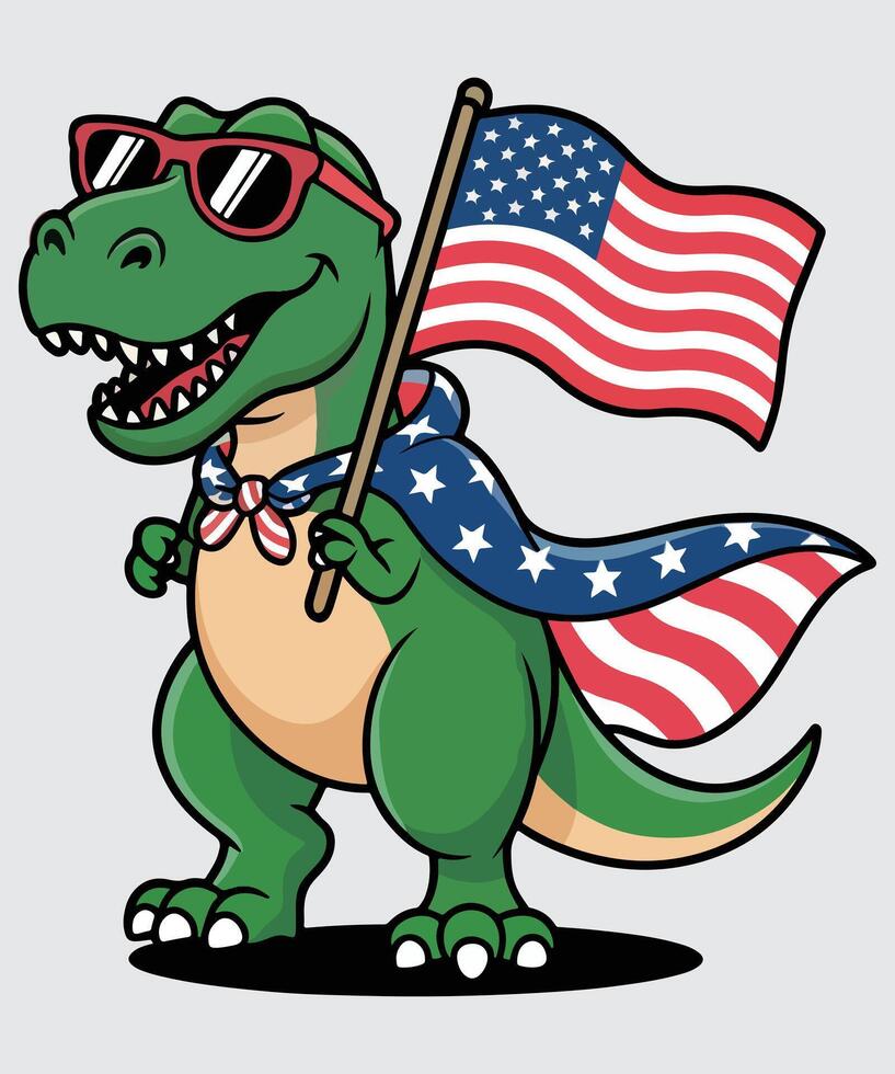 art of a patriotic cartoon dinosaur wears sunglasses and a cape while holding an american flag vector