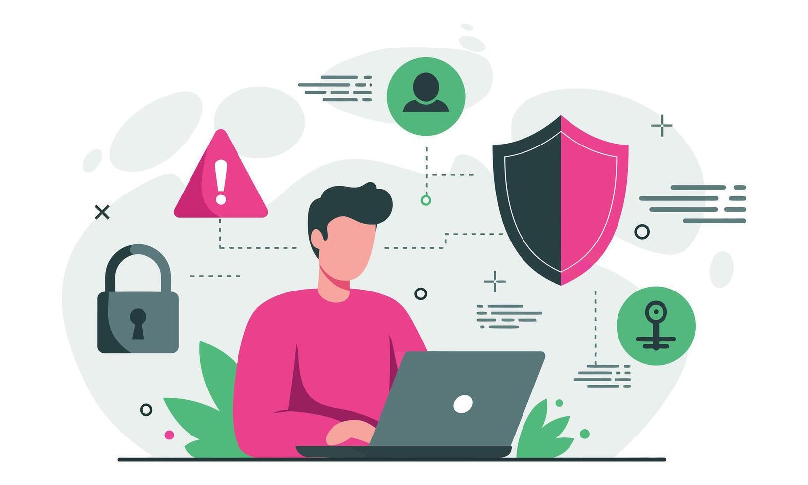 Man on Laptop with Cybersecurity and Data Protection vector