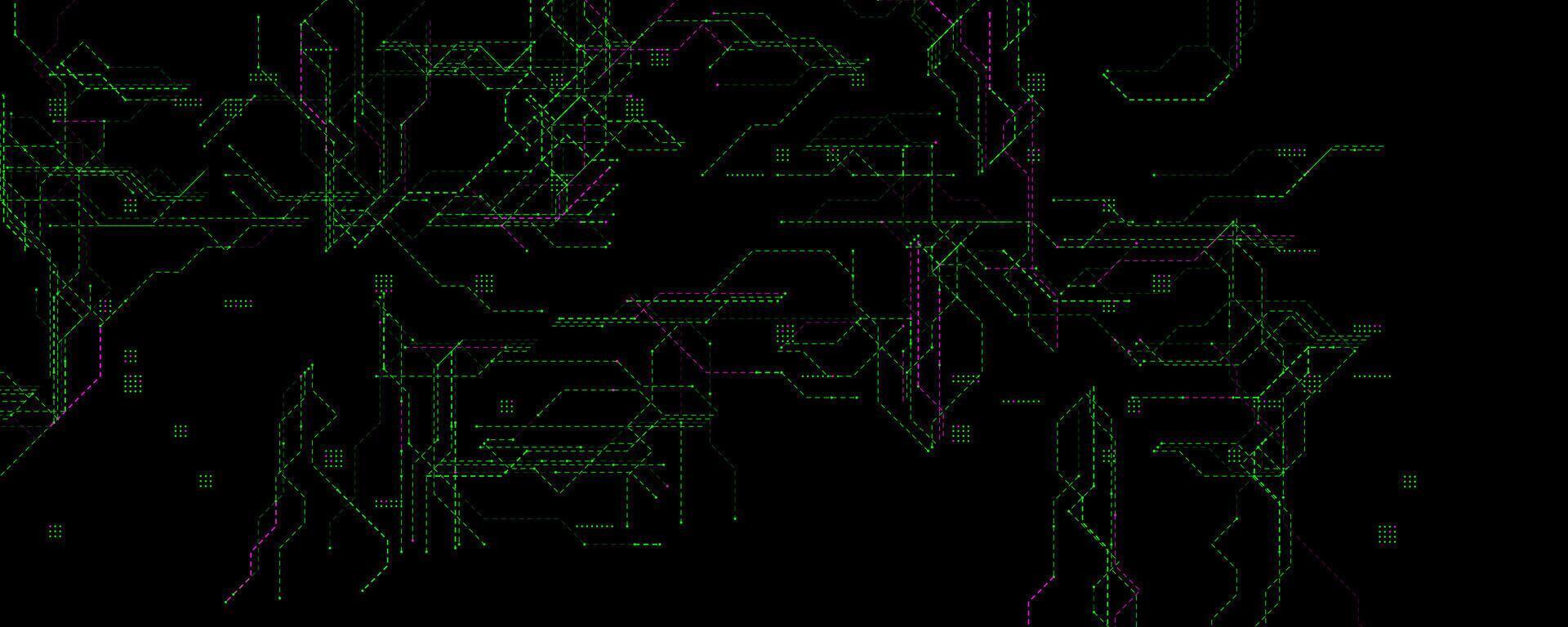 Glowing Tech Grid With Green And Purple Lines. Abstract digital circuit background for hacking, cybersecurity, or AI themes. High-tech layout with neon effect. Futuristic Hack BG. illustration. vector