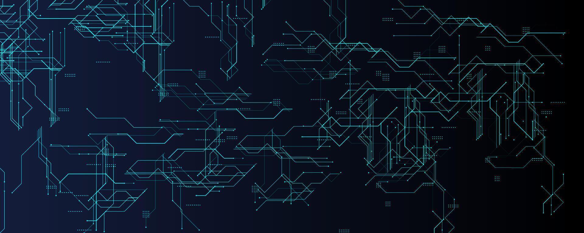 Hi-Tech Circuit Background With Glowing Lines. Blue digital network on dark gradient, ideal for innovation, computing, and futuristic interfaces. Clean cyber pattern and layout. illustration. vector