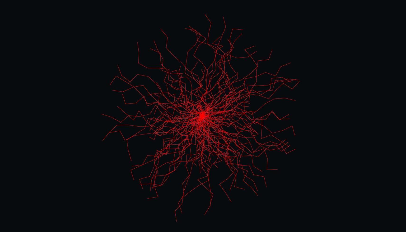 Abstract Red Neural Network Lines Radiating From Center On Black Background. Futuristic Tech And Brain-Inspired Concept Design for Science, Medicine, AI Tech, Machine Learning. Illustration vector