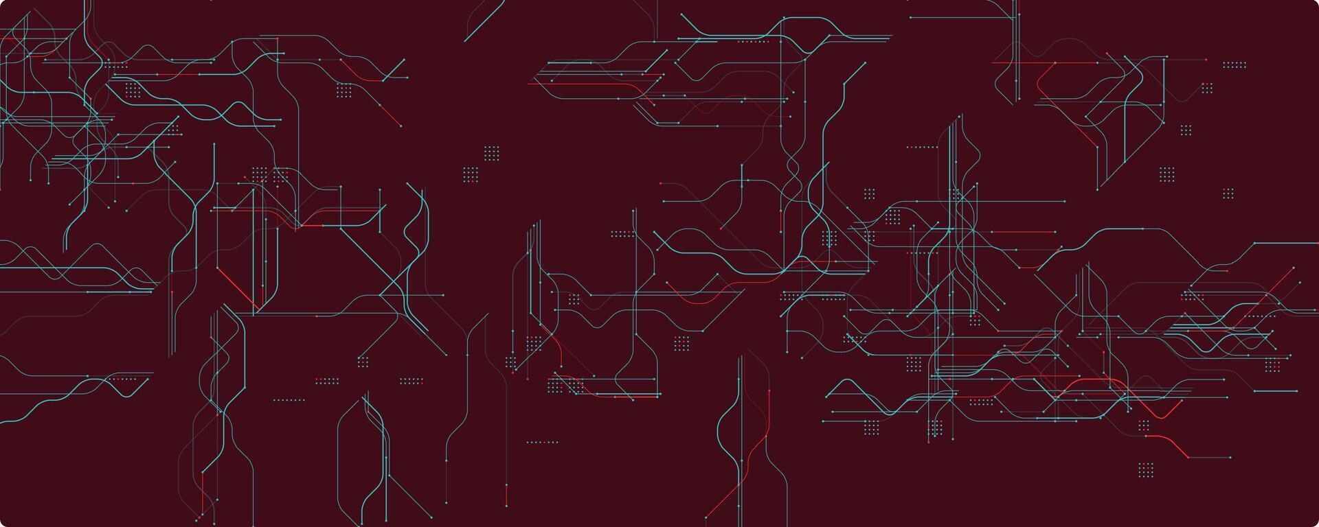 Tech Lines On Dark Red. Abstract Circuit Design with Flowing Blue and Red Connections. Ideal for Data, AI, Cyber Interfaces, and Futuristic Tech Presentations. Illustration. vector