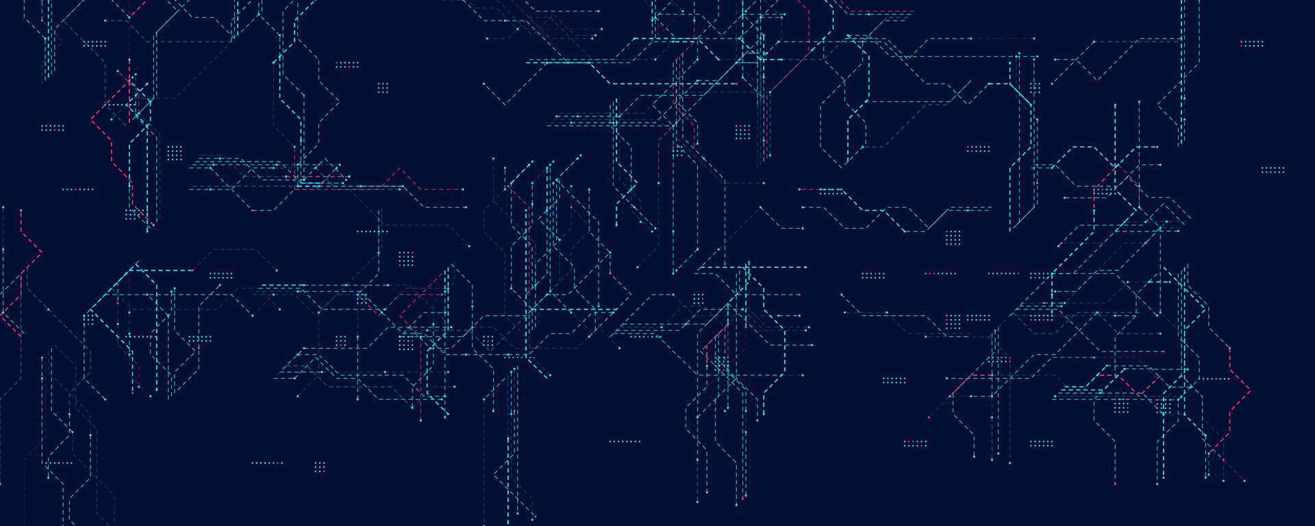 Digital Circuit Mesh With Neon Dotted Lines. Futuristic dark tech layout with blue and red connections for cyber systems, innovation, and UI design. Clean abstract structure. illustration. vector