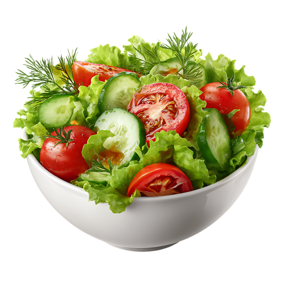 Fresh garden salad with tomatoes cucumbers and dill isolated on transparent background png