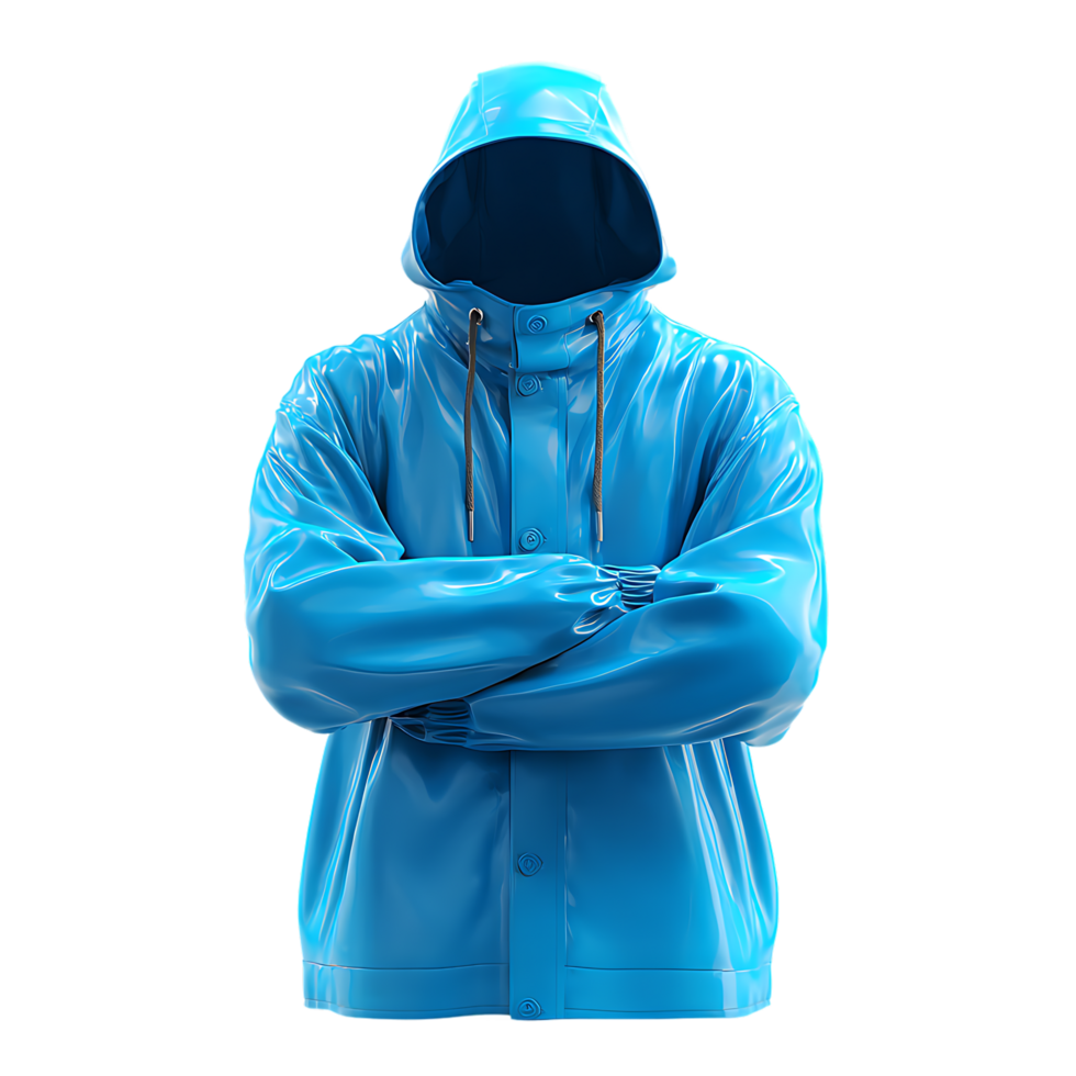 Shiny blue hooded raincoat with arms crossed isolated on transparent background png