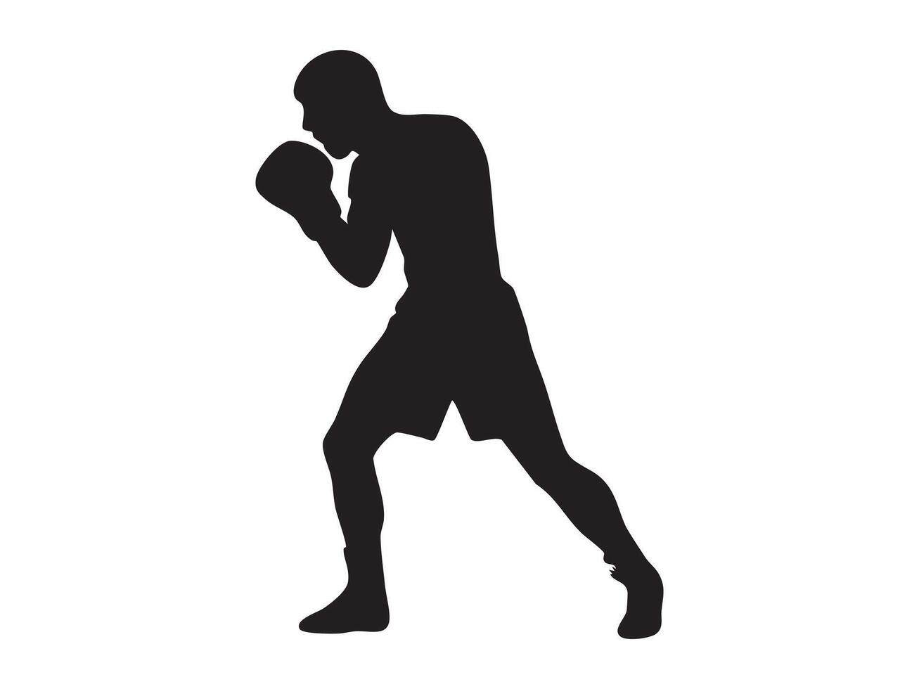 Black silhouette of boxer in fighting stance, isolated on white background, graphic illustration. concept of combat sports, martial arts, icon, logo, athletic figure, design element vector