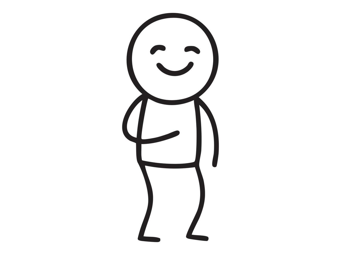 Black stick figure man smiling with closed eyes and hand on chest, cartoon character graphic illustration, isolated on white background. Concept of gratitude, kindness, sincerity, human emotion vector