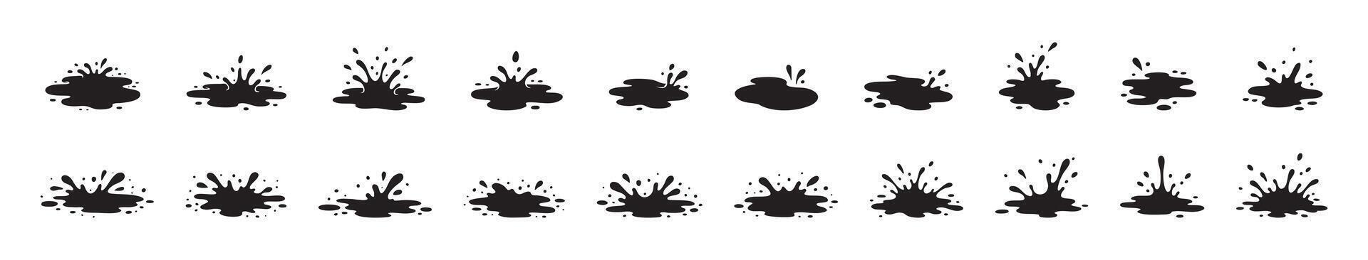 Set of black ink or paint splash silhouettes isolated on white background. Concept of liquid stains, puddle splashes, water drops, grunge blots, mud spots, abstract elements for design, messy vector