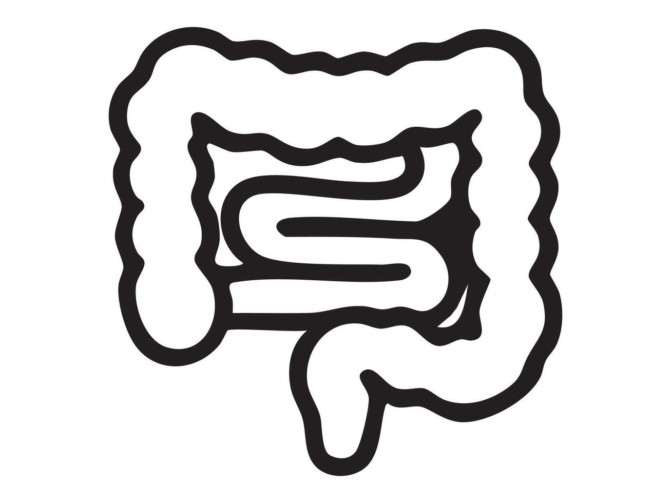 Black silhouette of human intestines in iconic style, graphic illustration. concept of anatomy, digestive system, medical symbol, health, body organ, icon, design element vector
