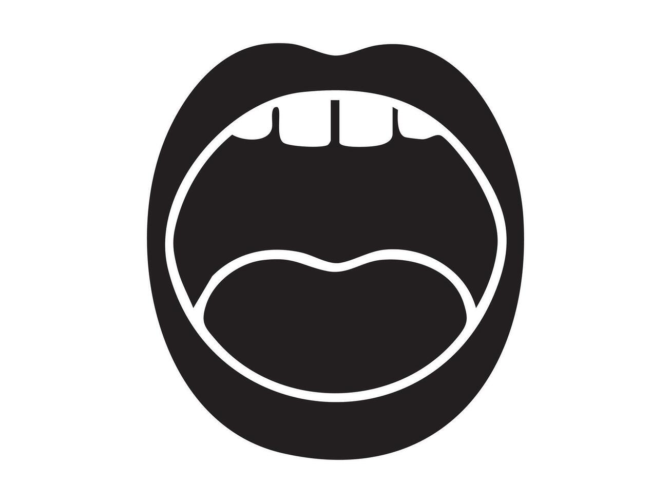 Black silhouette of open human mouth with visible teeth and tongue isolated on white background, graphic illustration. Concept of speaking, eating, oral health, communication, human anatomy element vector