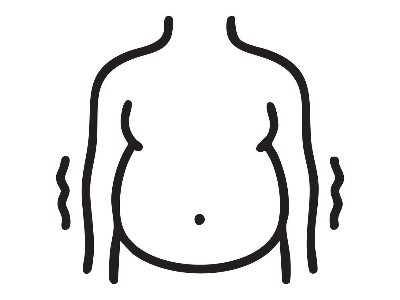 Black outline of male fat belly with shaking effect lines, isolated on white background, graphic illustration. Concept of obesity, weight gain, belly fat, body shape, health risk, design element vector