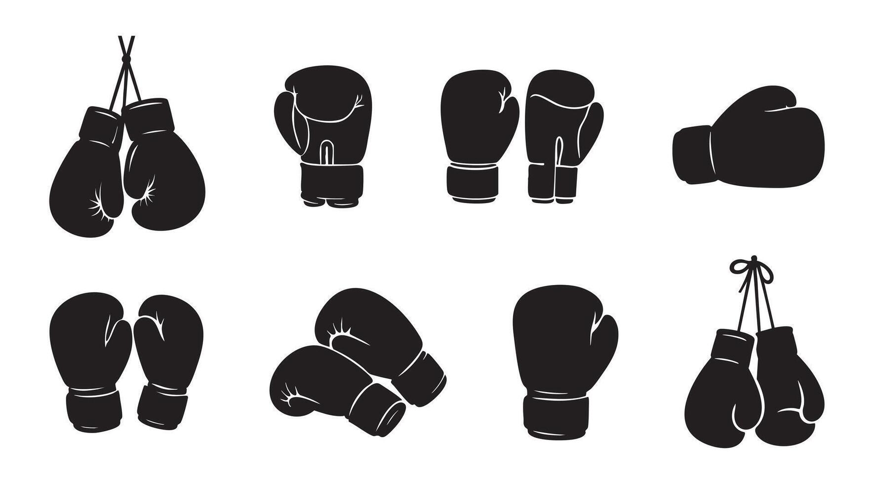 Set of black silhouette boxing gloves in various poses, isolated on white background, graphic illustration. concept of sports gear, fitness equipment, combat sport, icon, logo. vector