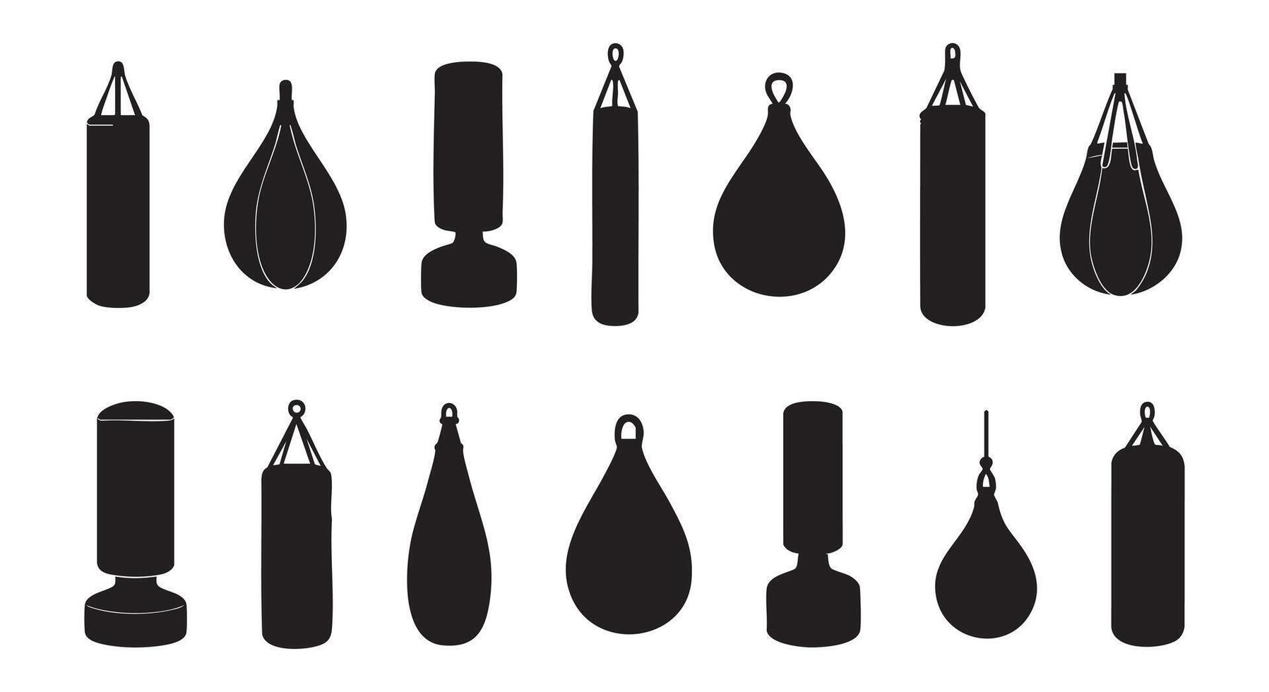Silhouettes of various punching bags in different shapes, isolated on white background, graphic illustration. concept of fitness, boxing equipment, gym training, icon, design element vector