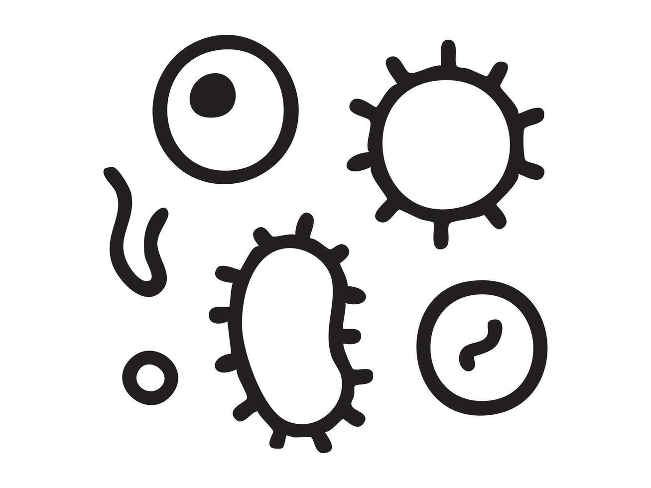 Black icons of various microorganisms including bacteria and virus, isolated on white background, graphic illustration. concept of microbe, biology, science, microscopic, icon vector