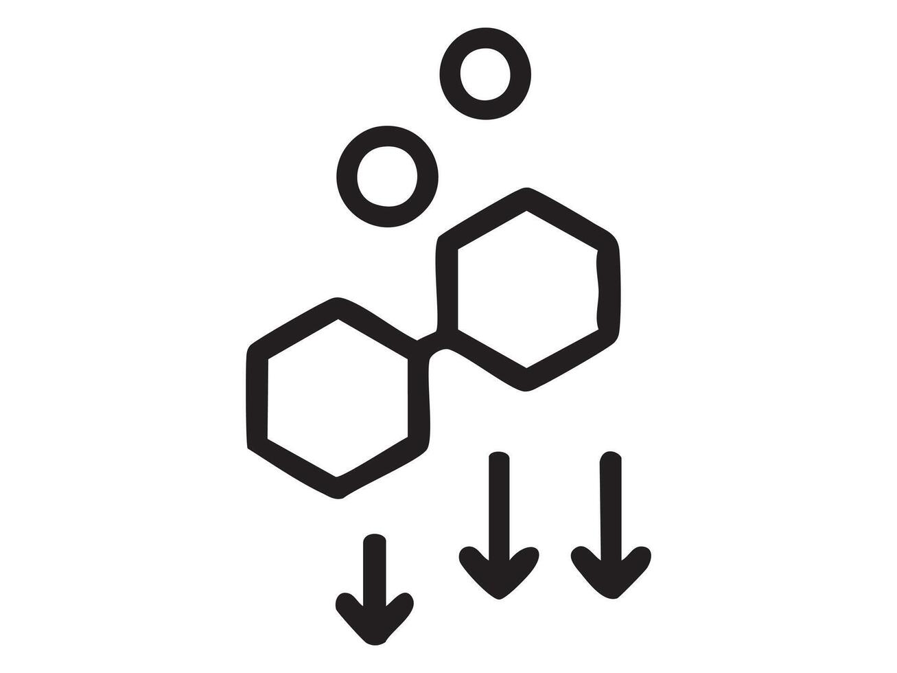 Black icon of hexagonal chemical compound with arrows and circles, isolated on white background, graphic illustration. concept of chemistry, science, molecular structure, icon, logo, design element. vector