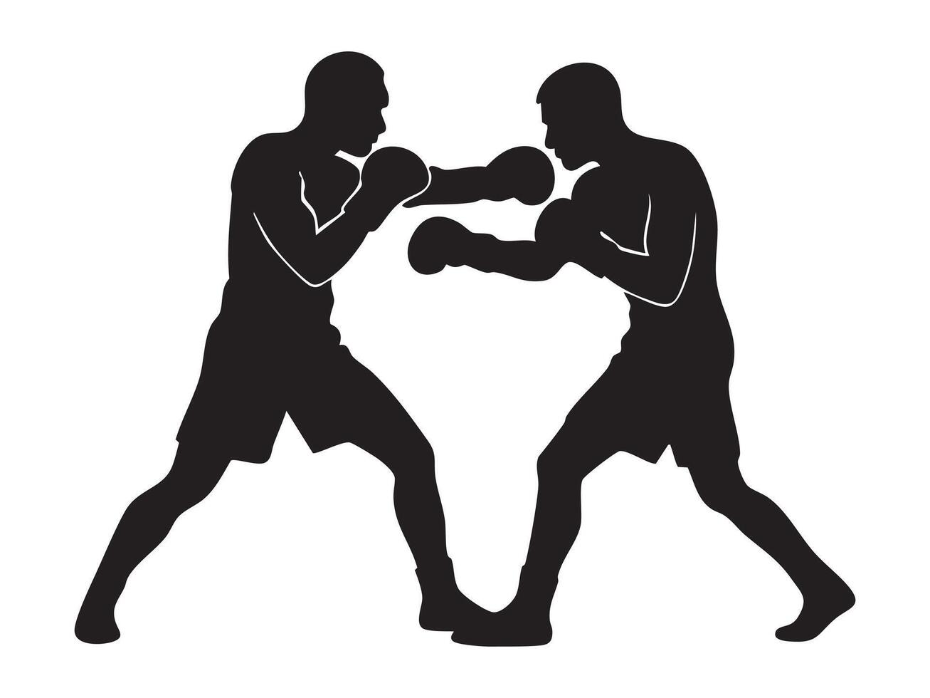 Black silhouette of two boxers in fighting stance, isolated on white background, graphic illustration. concept of boxing, sport, fitness, combat sport, athletic competition vector