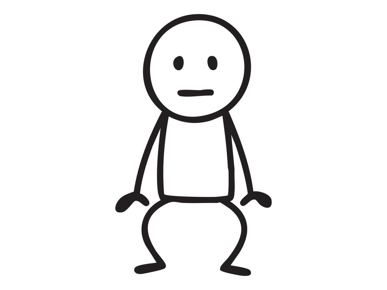 Black stick figure man in neutral pose with blank expression, cartoon line style drawing. Concept of apathy, boring emotion, passive mood, human character, isolated on white background vector