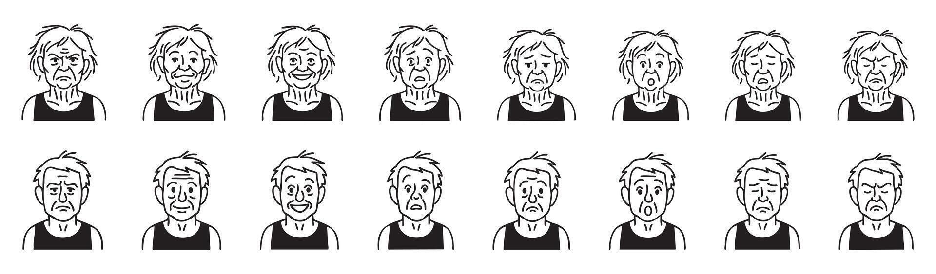 Set of old man and woman faces with various emotional expressions isolated on white background. Concept of senior characters, aging emotions, psychological states, avatar collection, design elements vector