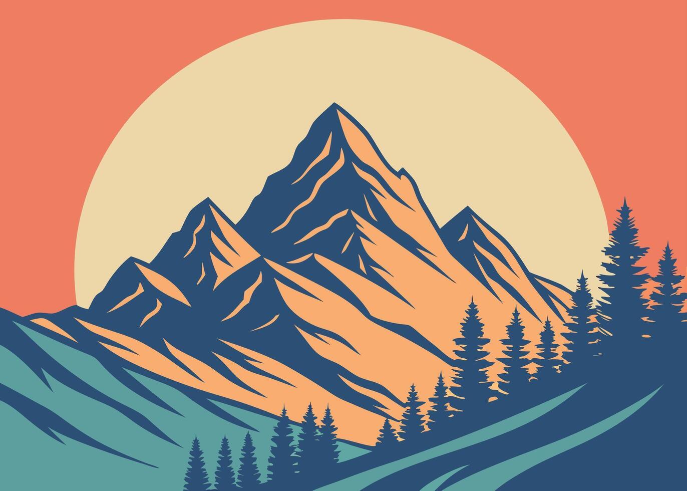 Mountain landscape illustration with sun and trees in retro color palette vector