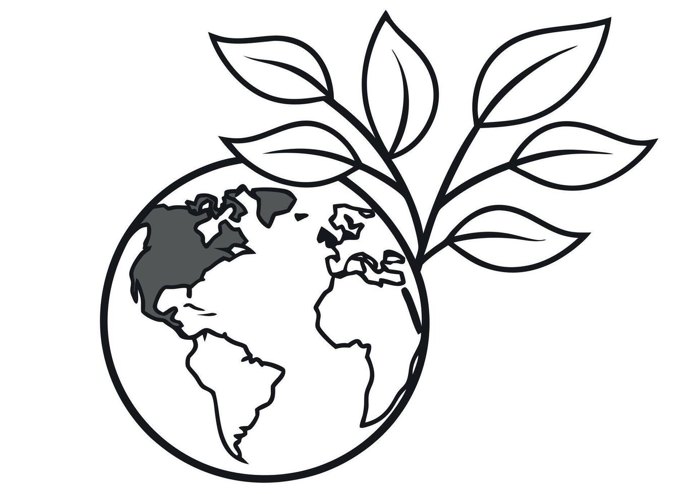 Globe with Leaves Illustration Black and White earth vector