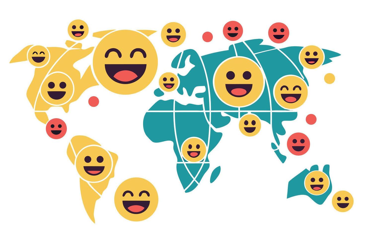 World Map with Smiling Emoji Faces in Yellow Teal and Red vector