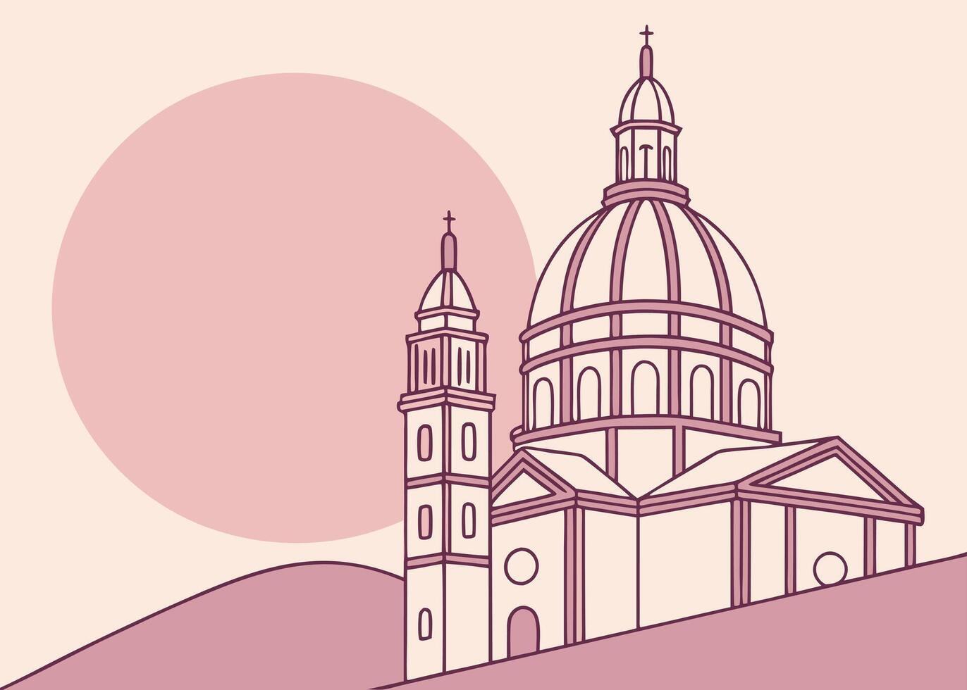 Pink illustration of a church building with a dome and tower vector