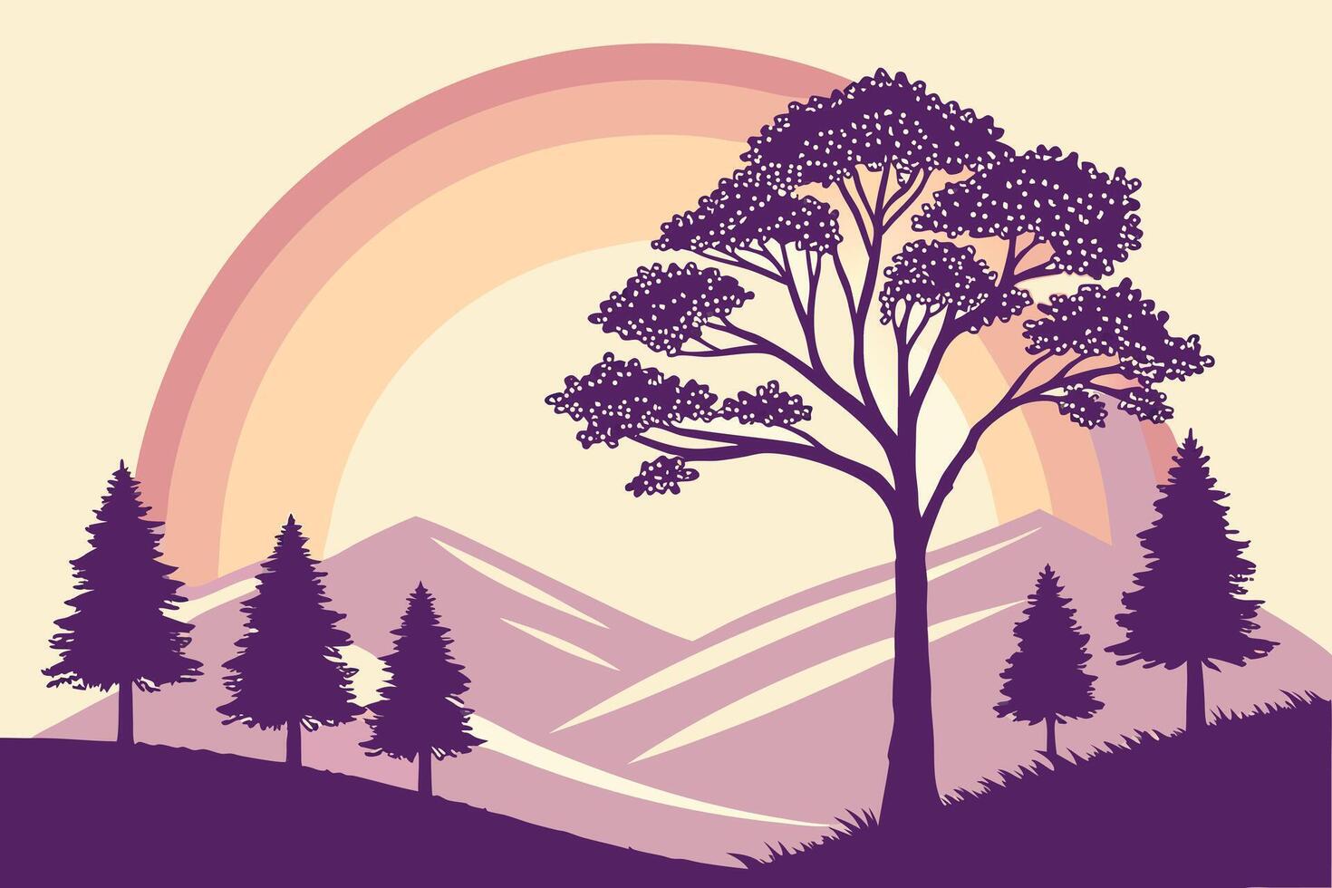 Purple Landscape with Trees Mountains and Rainbow illustration vector