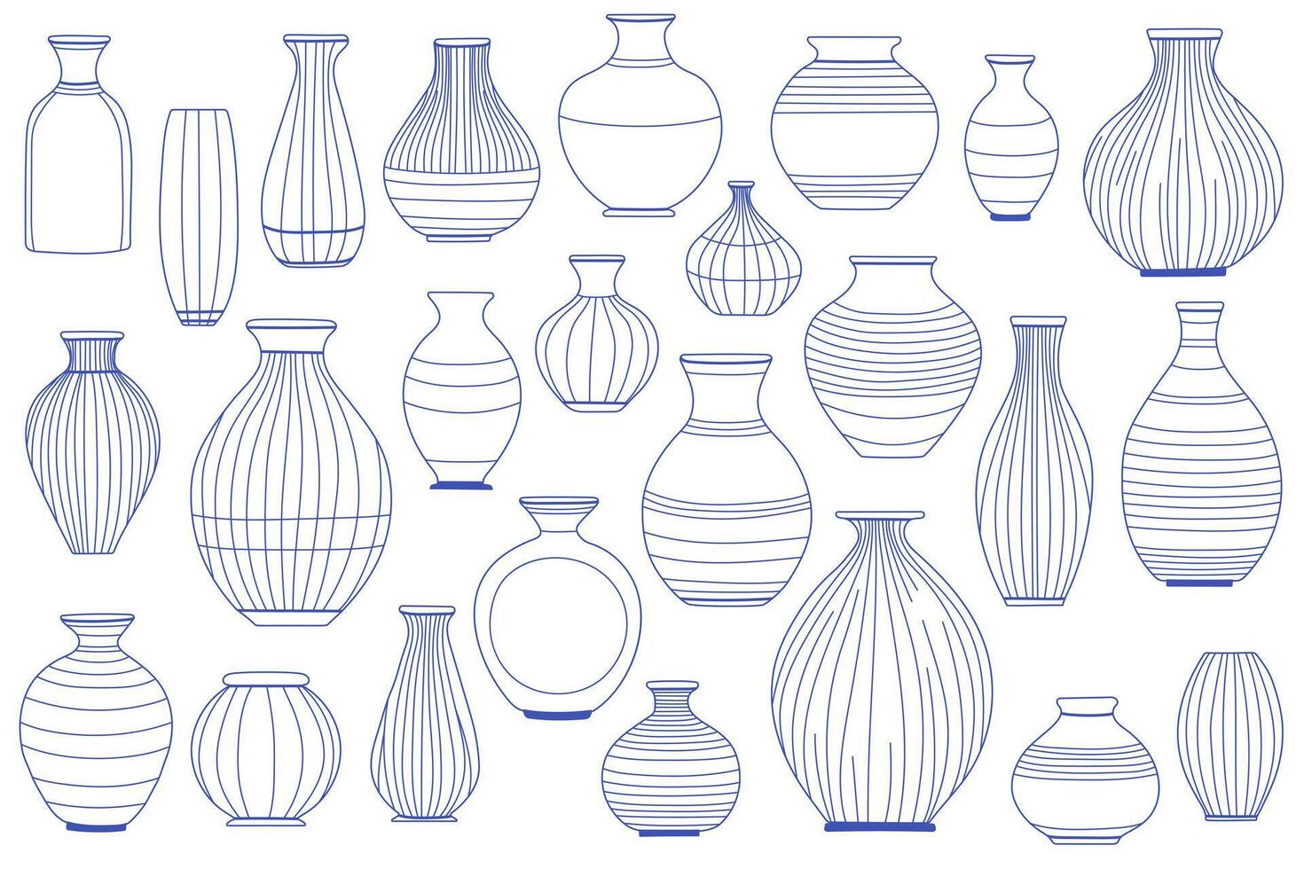 Set of decorative ceramic vase line drawings. Minimalist hand-drawn outline style, ideal for home decor, pottery design, and interior concepts. vector