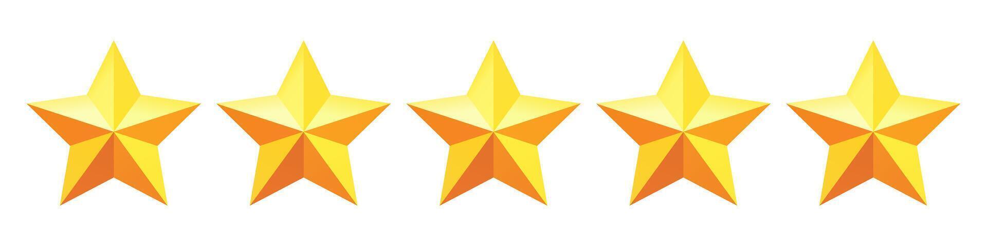 Row of five golden rating stars. Bright yellow 3D stars on white background, perfect for review, rating, feedback and quality concept design. vector