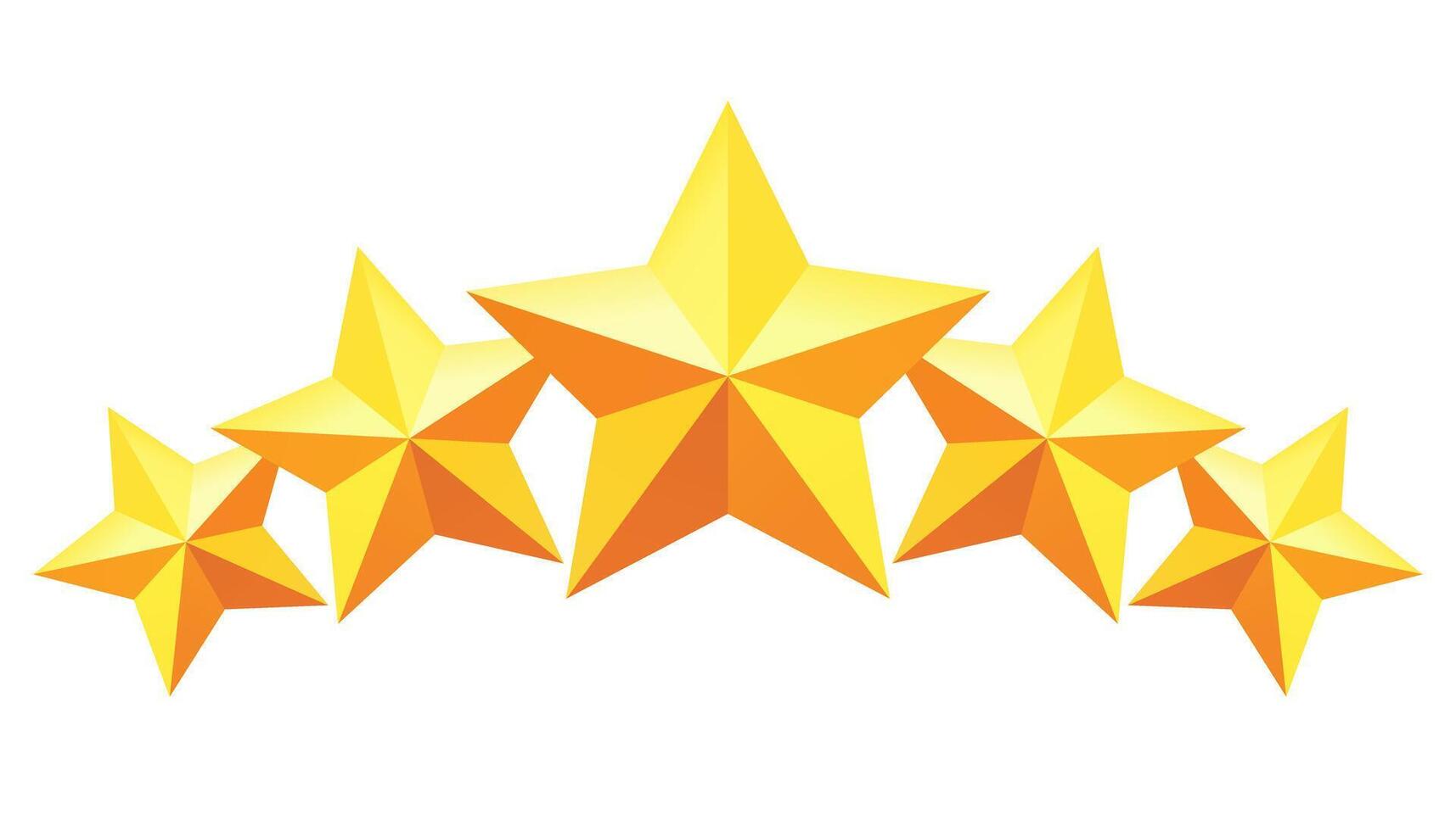 Curved layout of five golden stars with large central star. Ideal for premium rating, achievement badge, winner emblem and high-quality visual content. vector