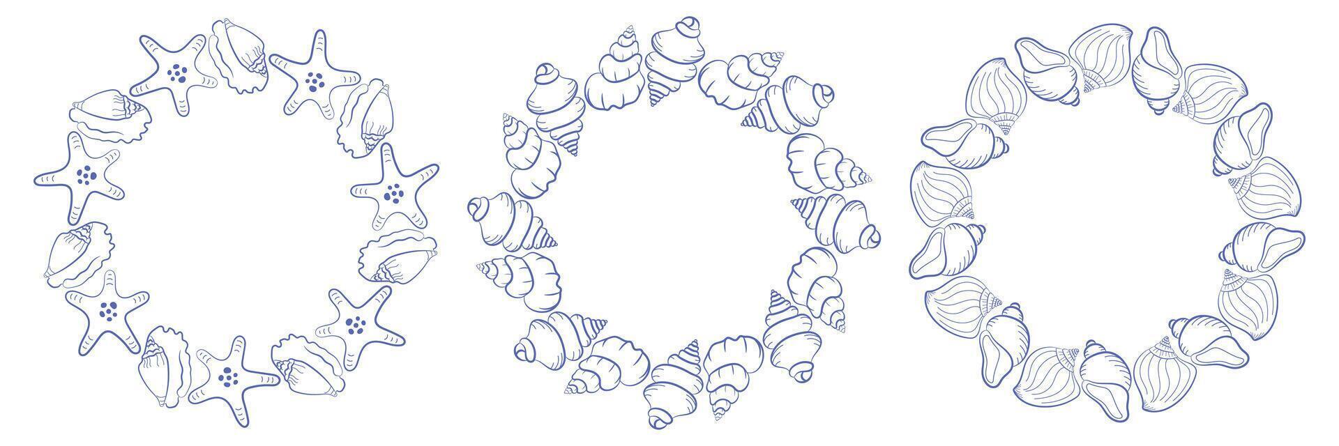 Collection of three circular marine frames featuring seashells, sea stars and spiral shells. Hand-drawn ocean borders in linear style for summer invitations, logos and nautical design. vector