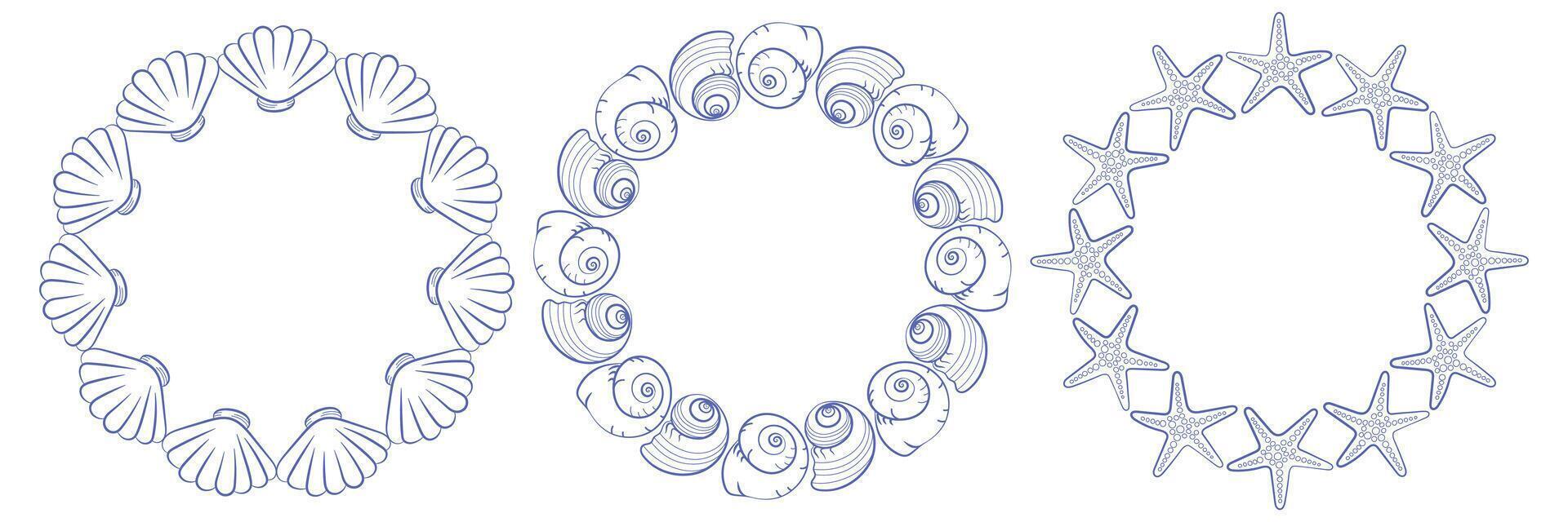 Set of three round marine frames made of seashells, spiral shells and starfish. Hand drawn nautical wreaths in blue outline. Perfect for summer, sea decor, cards and beach wedding design. vector