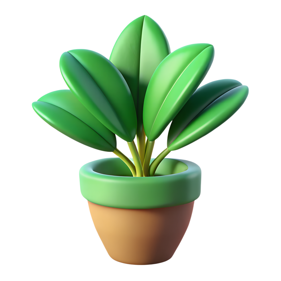 3D Green Leafy Plant with Multiple Smooth Leaves in Minimal Pot png